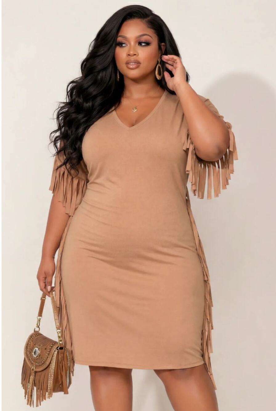 Curvy Sense Camel Western Faux Suede Knee Length Fringe Dress Plus Size: 1X